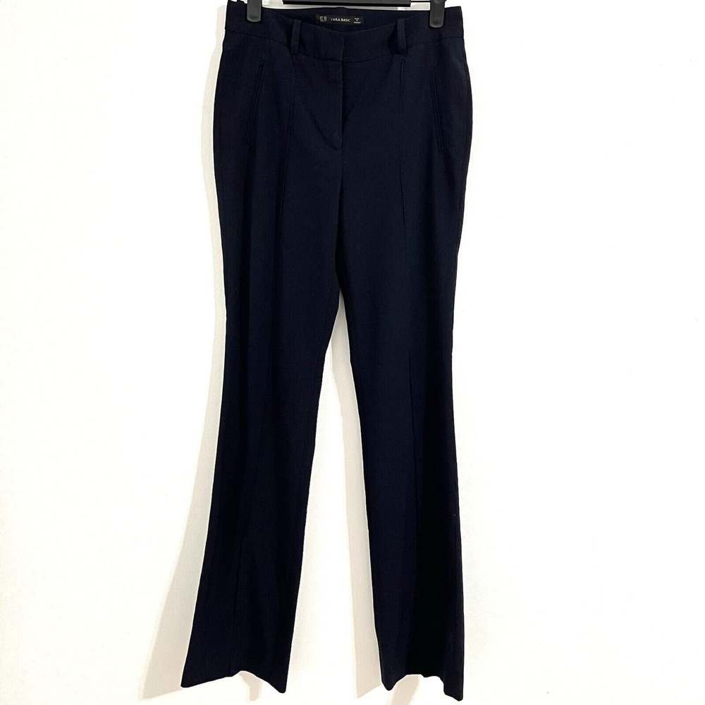 Zara High Rise Straight Trouser Pant XS Navy Blue Career Minimalist Business